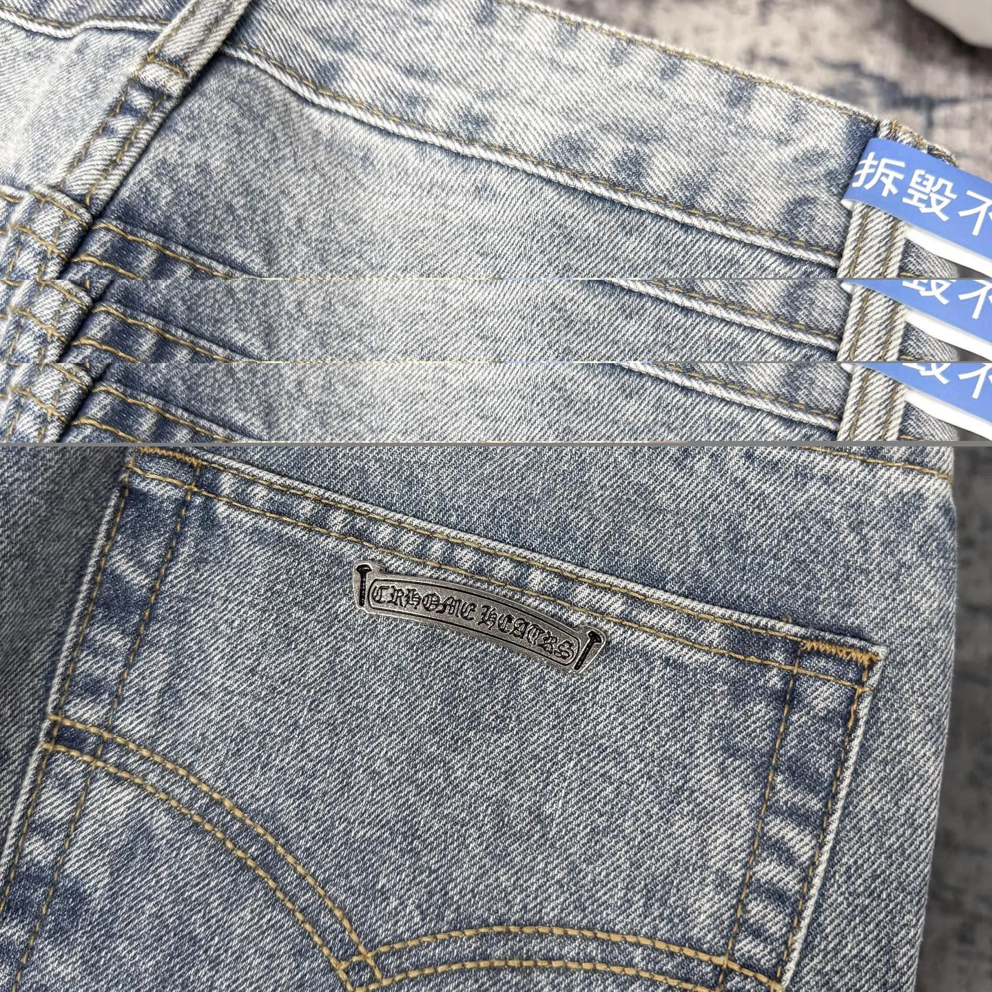 P310 Ch rare co-branded top item Chrome hearts new Chrome heart patchwork patchwork cross stitching micro-flare jeans Top-notch configuration, details are invincible! ! Cleanfit has become very popular in the past two years, and Kroxin’s consistent style is particularly high-end! ! Imported Japanese woven fabric ready-made clothes, genuine leather Crocodile leather labels and waist cloth leather tags are sewn on. The overall process is very cumbersome. The buttons on the trousers fly, rivets, back pockets, and metal decorative plates are all custom-made from molds. After they are finished, they are distressed to create a very effective effect. It has a vintage taste, and has been used by all kinds of big-name European and American celebrities. Kenijima’s cleanfit style has become popular all over the world. Top-grade hardware, pay attention to my detailed photos, the buttons are all detachable, and they are made of 925 engraved silver! ! Match as you like, suitable for both men and women ✔️✔️ Color: Blue Size: S M L XL